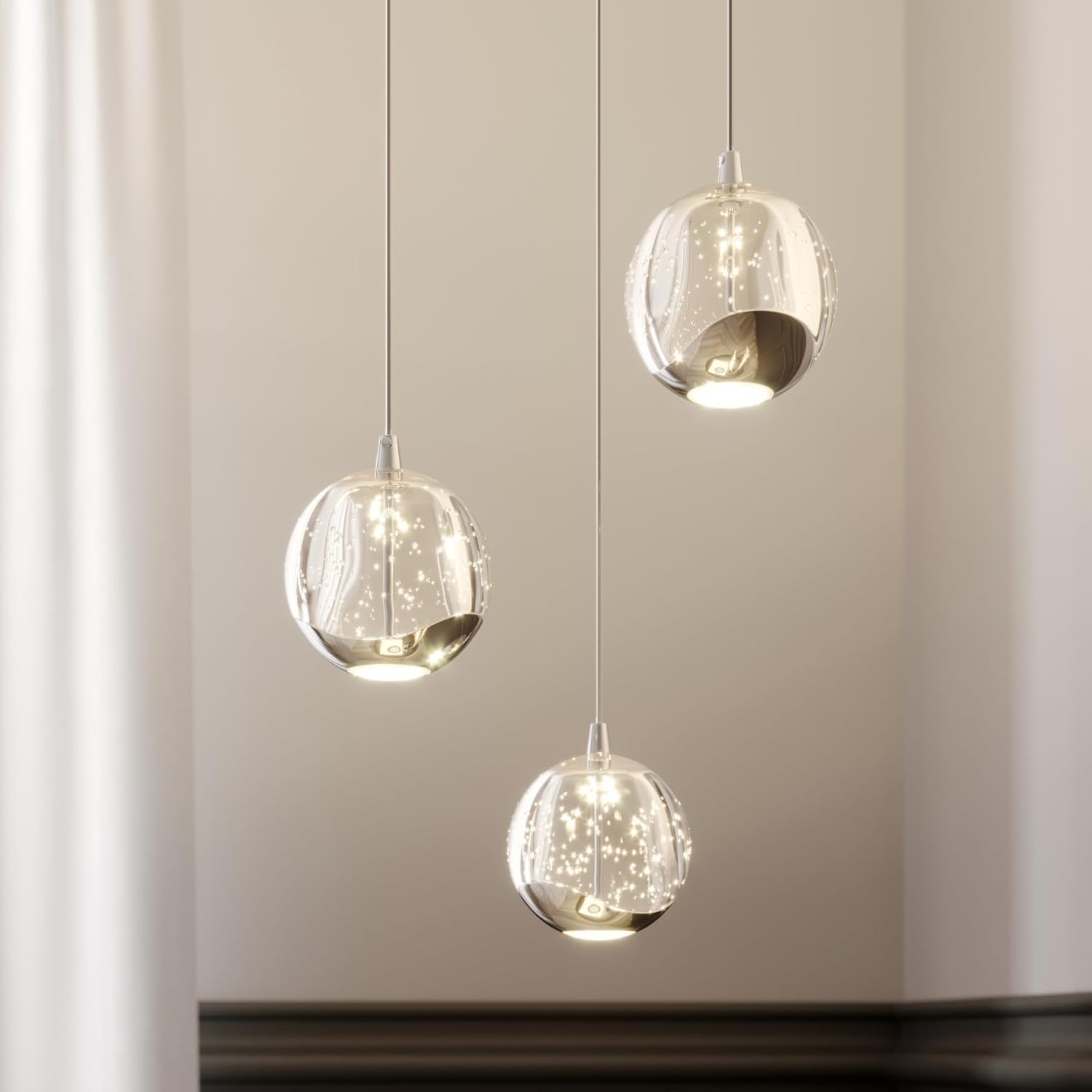 3-Light Chrome Globe Chandelier, Modern Bubble Glass Cluster Pendant Lights for Kitchen Island & Dining Room Light Fixture & Foyer Chandelier, Warm White 3000K, LED 1175 lm, Ø 9.8 in