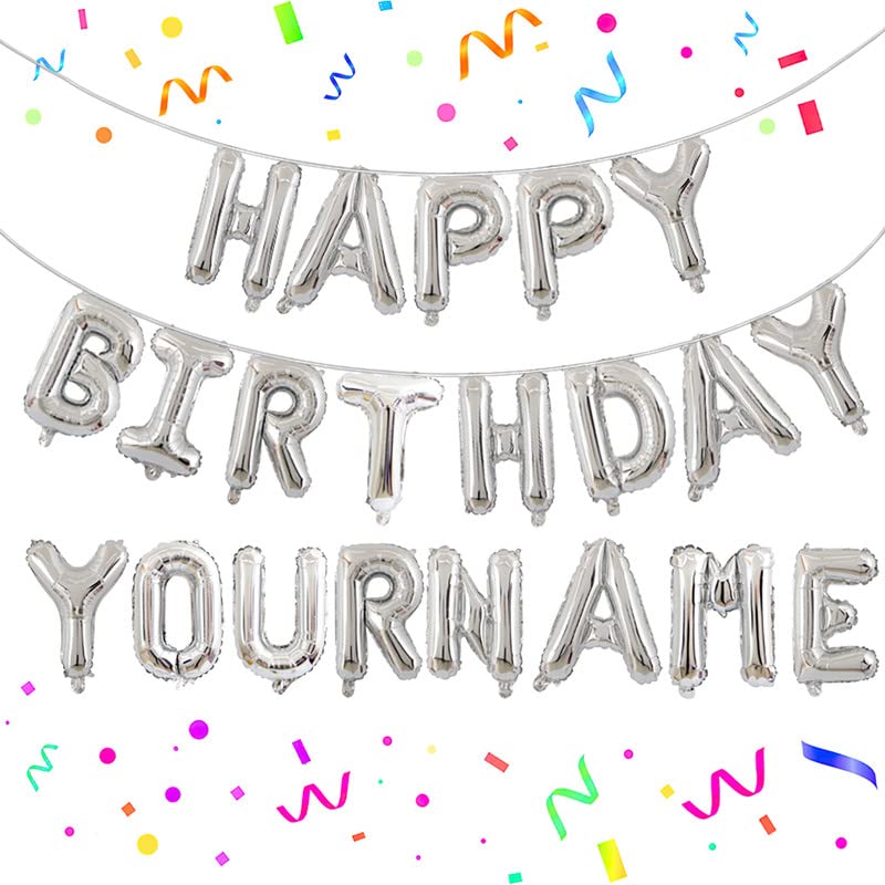 Happy Birthday Balloon,Personalized Name Happy Birthday Balloon Banner Letters Balloons 2 Sets A-Z 16 Inch Reusable Foil Mylar Birthday Party Decorations for Women Men Boys Girls (Sliver)