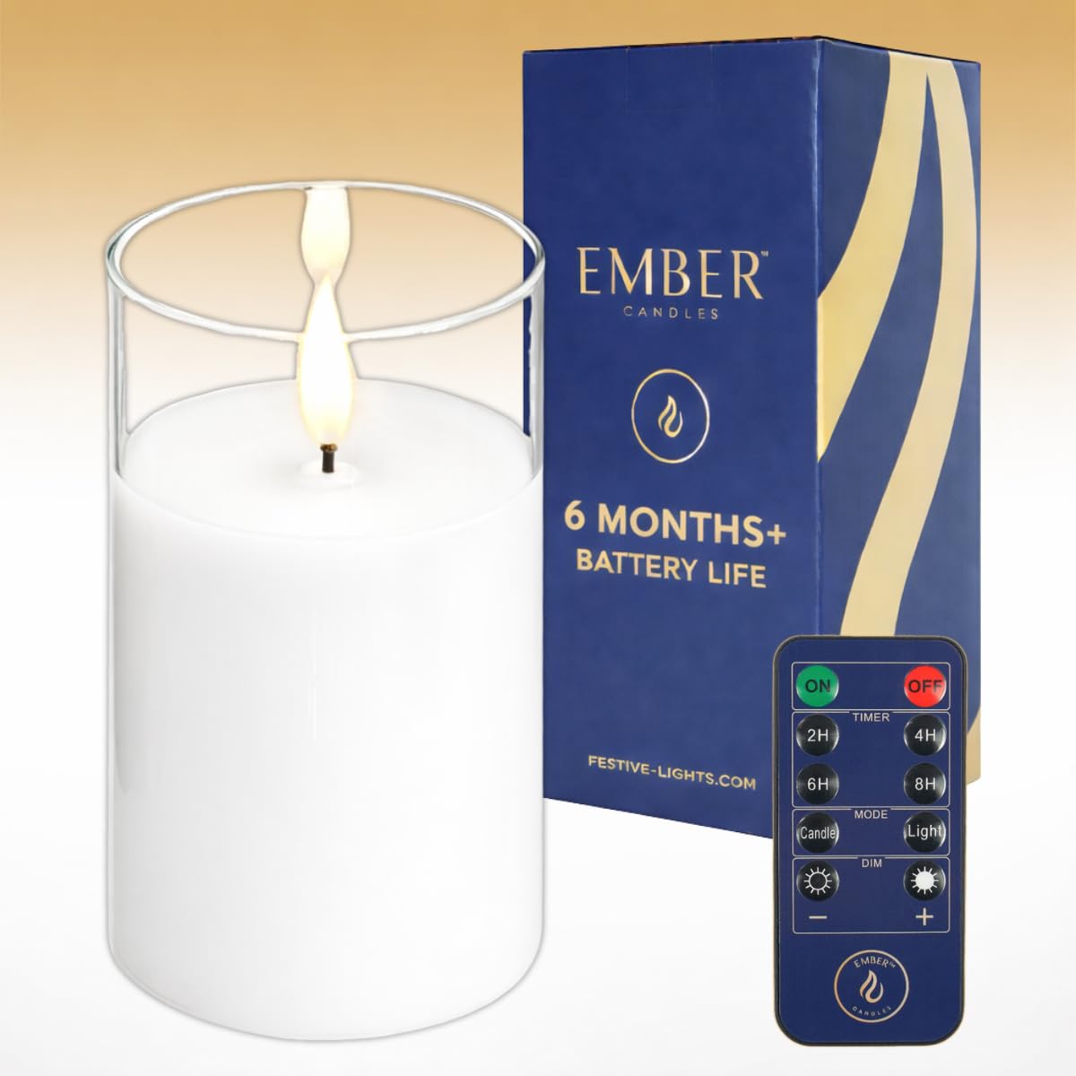 Ember Candles™ 12.5cm Hurricane Clear Glass White LED Flickering Battery Candle – 100% Real Wax, Ultra-Realistic, Flameless, Hand-Poured Design, 6-Hour Timer for Indoor Use (with Remote Control)