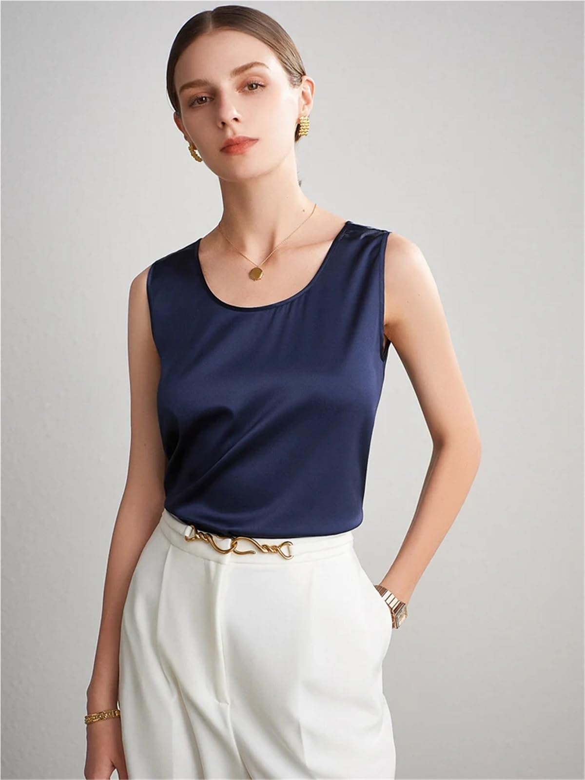 Tops Mujer Camisola Satén Camiseta básica y acogedora for Mujer, de Seda auténtica, sin Mangas con Cuello Redondo, Verano, Lisa(Nude Pink,XXL)
