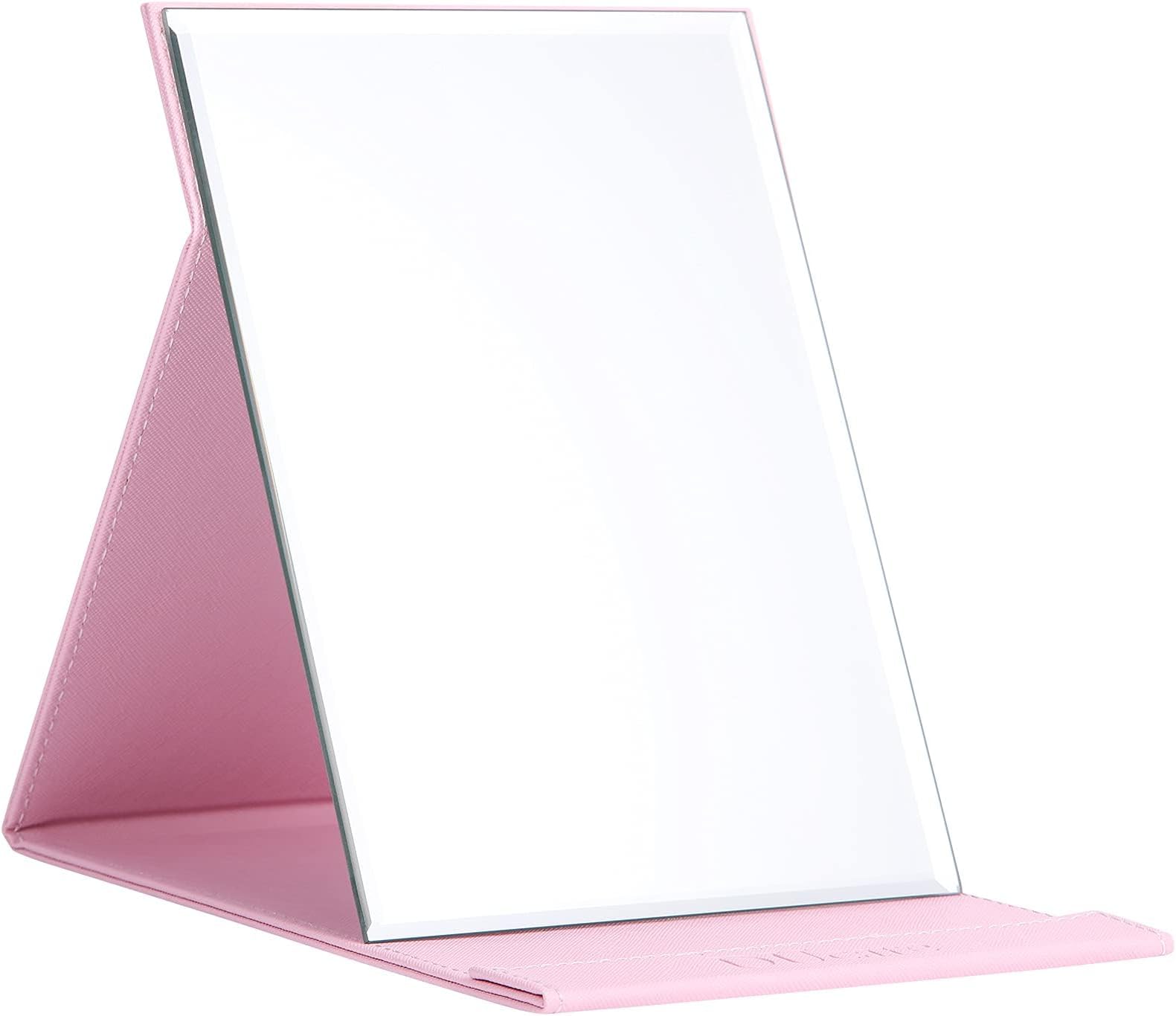 DUcare Folding Mirror Portable Travel PU Portable Adjustable Rectangular Ultrathin Vanity Mirror with Stand Pink