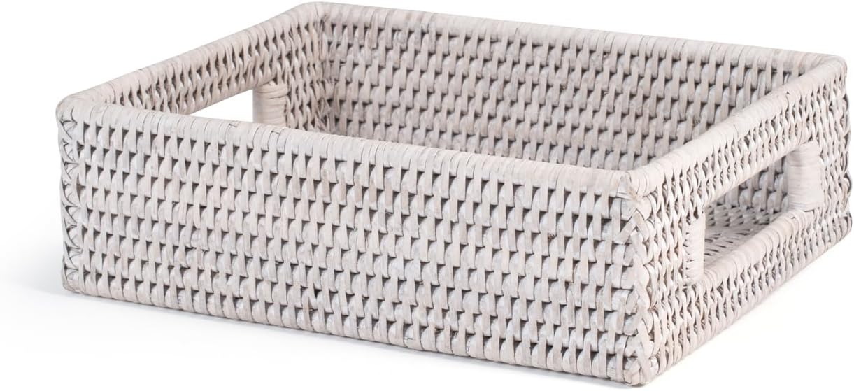 H&H Rectangular Basket with White Rattan Handles, 23 x 18 x H7 cm
