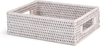 H&H Rechteckiger Korb mit integrierten Griffen aus weißem Natur-Rattan – 23 x 18 x 7 cm – Handgefertigt – Gewürzkorb, Brotkorb, Obstkorb & Organizer