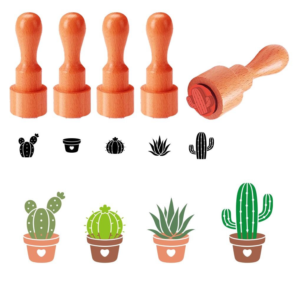 AHANDMAKER 5 Styles Mini Wooden Rubber Stamps, Cactus Theme Round Handle Stamps Cacti Aloe Vera and Flower Pot Patterns Decorative Wood Stamp for DIY Crafting Scrapbooking Card Making Planner