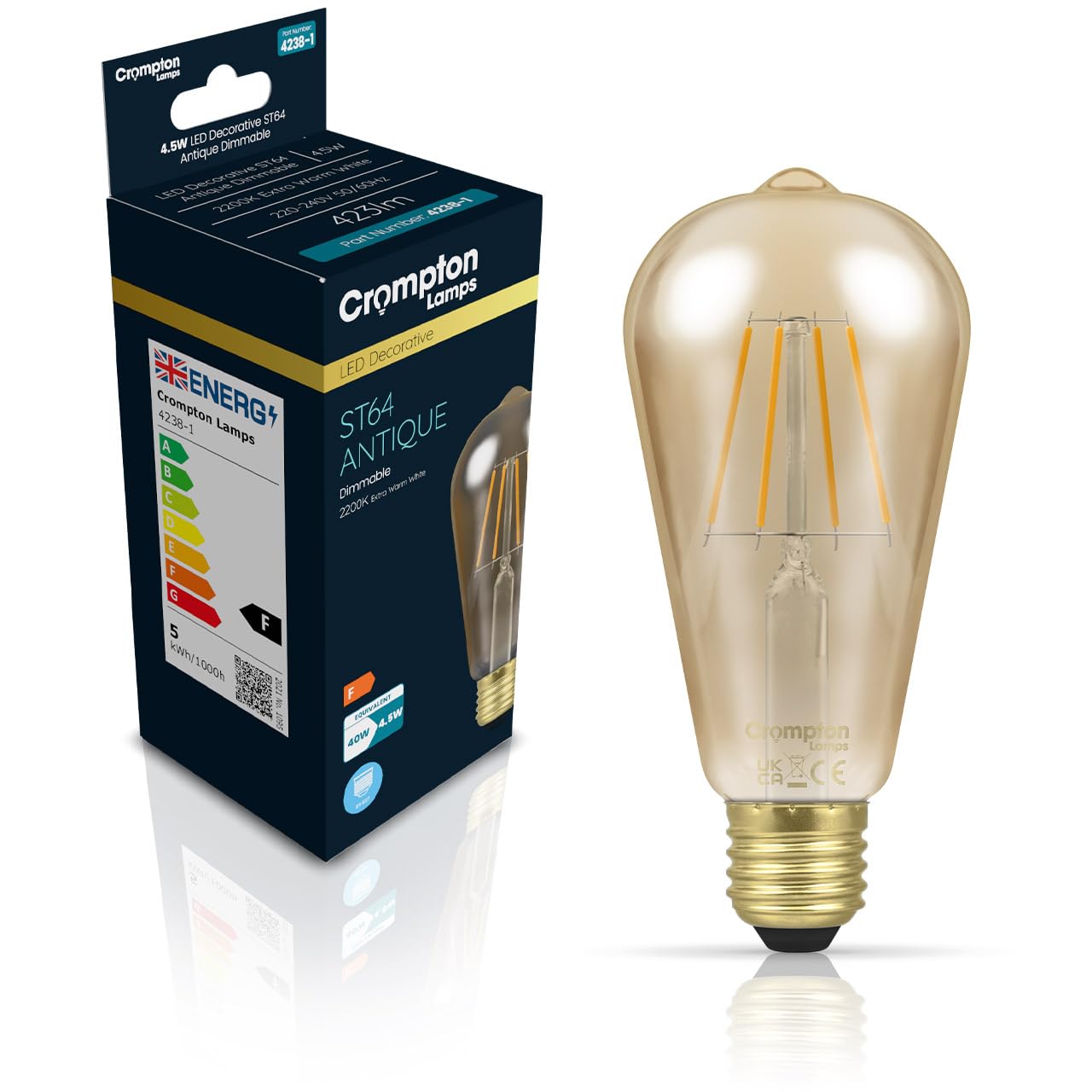 Crompton Lamps Filament ST64 LED Light Bulb ES-E27 | 4.5W = 35W Equivalent | Extra Warm White 2200K | Energy Efficient | Edison Screw Lightbulb | Long Life 10,000-Hrs | Antique Bronze Glass | Dimmable