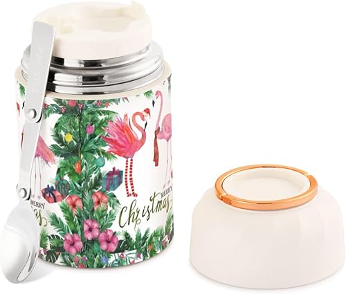 Christmas Leaves Flamingo Food Jar with Spoon Stainless Steel Vacuum Insulated Food Container 17 oz Food Thermos for Lunch