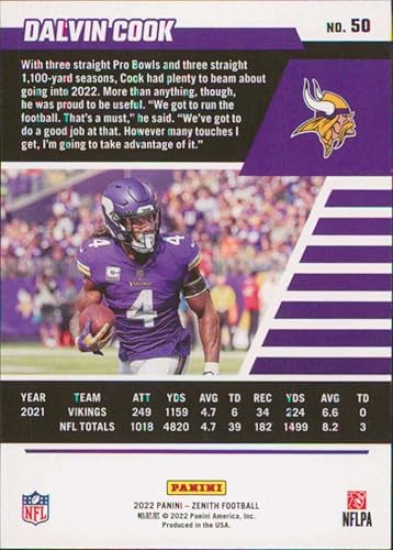 Miniatura 2 de 2022 Panini Zenith Retail #50 Dalvin Cook Minnesota Vikings Football Card - GotBaseballCards