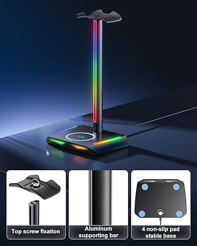 Miniatura 5 de New Bee Soporte para auriculares RGB con 2 puertos de carga USB-C y 1 USB, soporte para auriculares de escritorio para juegos con 7 modos de luz y
