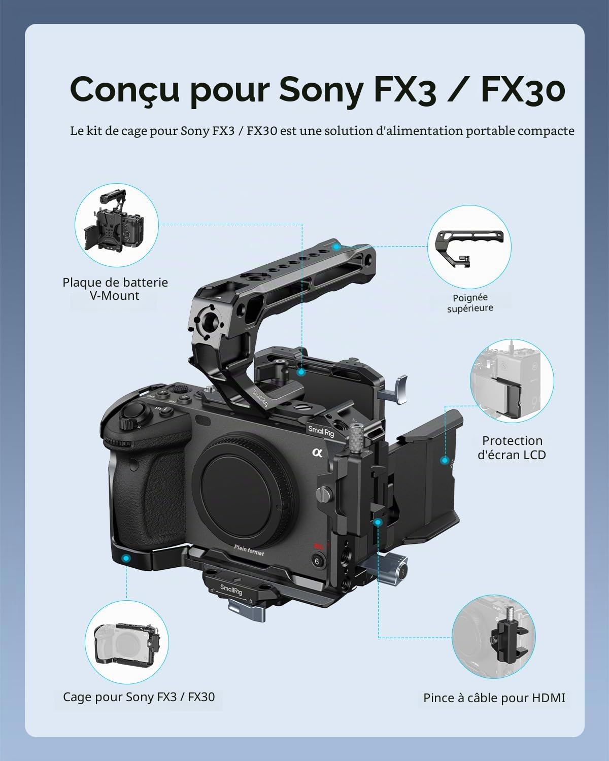 SMALLRIG Kit Cage pour Sony FX3/FX30 Comprenant Cage, Plaque de Montage Batterie V-Mount, Protection d'Ecran LCD, Poignée Supérieure, Serre-Câble HDMI et Rail NATO - 5823