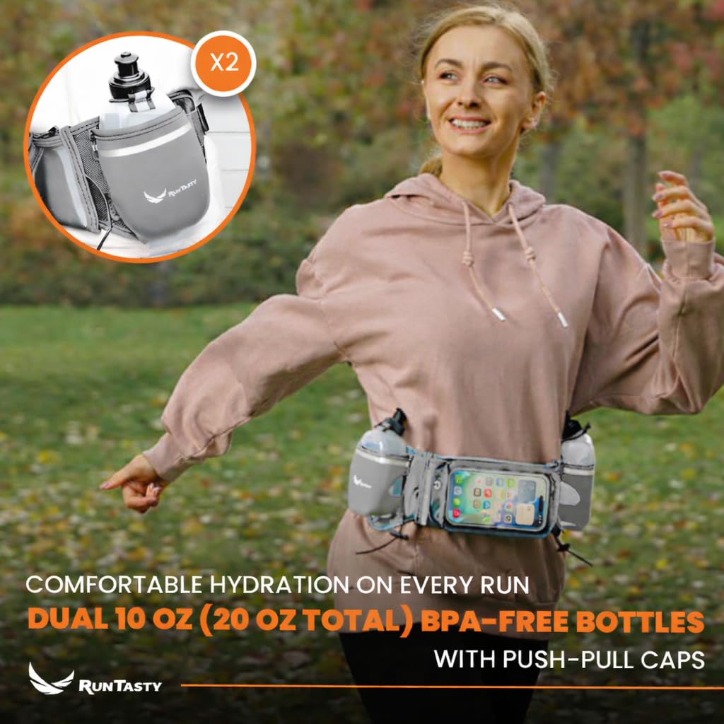 Runtasty Trinkgürtel Nr. 1 – Premium-Gewinner Lauf-Kraftstoffgürtel mit 2 BPA-freien 284 ml Wasserflaschen, kippbare Tasche mit Touchscreen-Ready-Abdeckung, passend für alle iPhones, federndes Design,