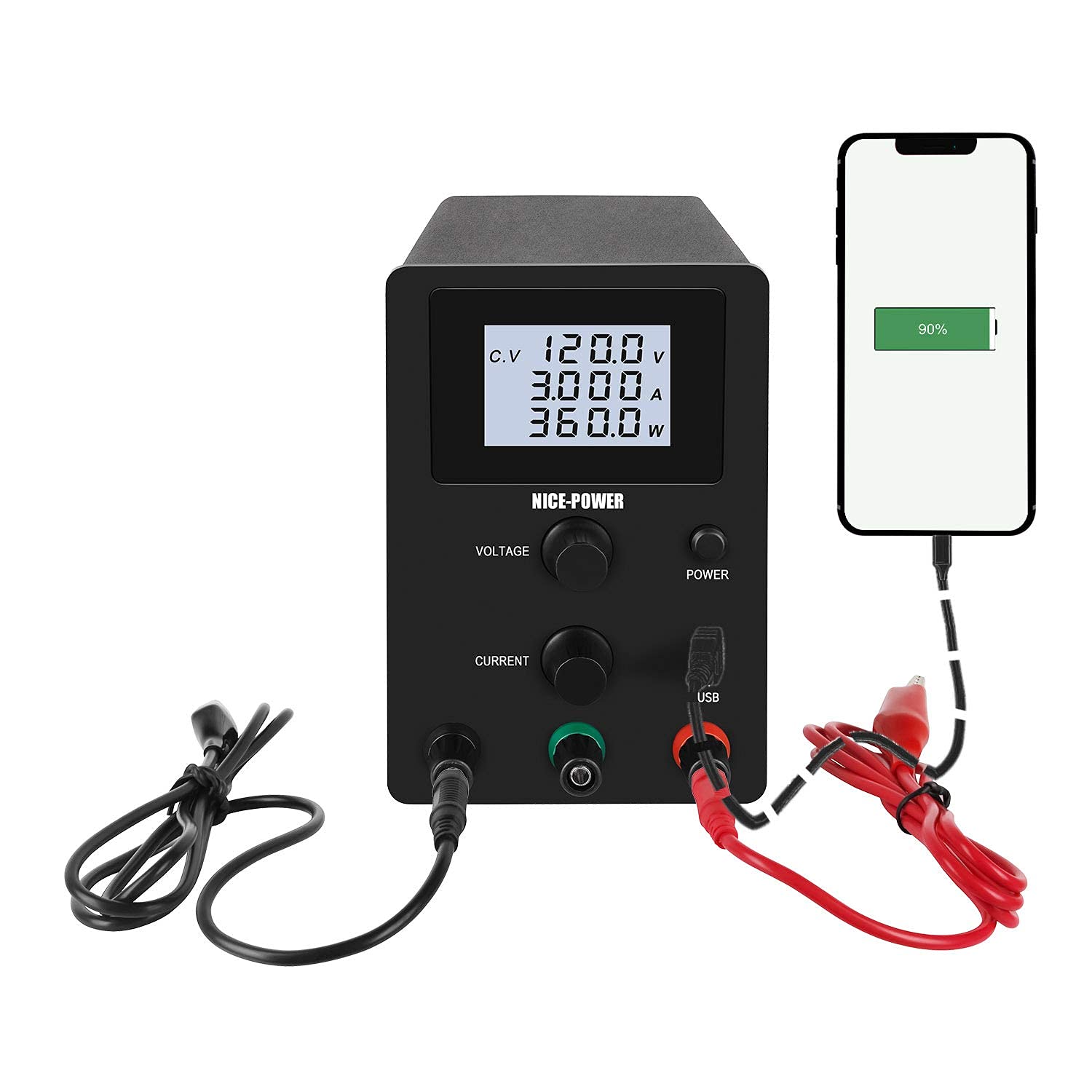 NICE-POWER Adjustable DC Power Supply (0-120V, 0-3A) Variable Switching Regulated High Precision 4-Digits LCD Display 5V/2A USB Port Test Lead Output & Input Power Cord Bench Lab Power Supplies: Industrial & Scientific