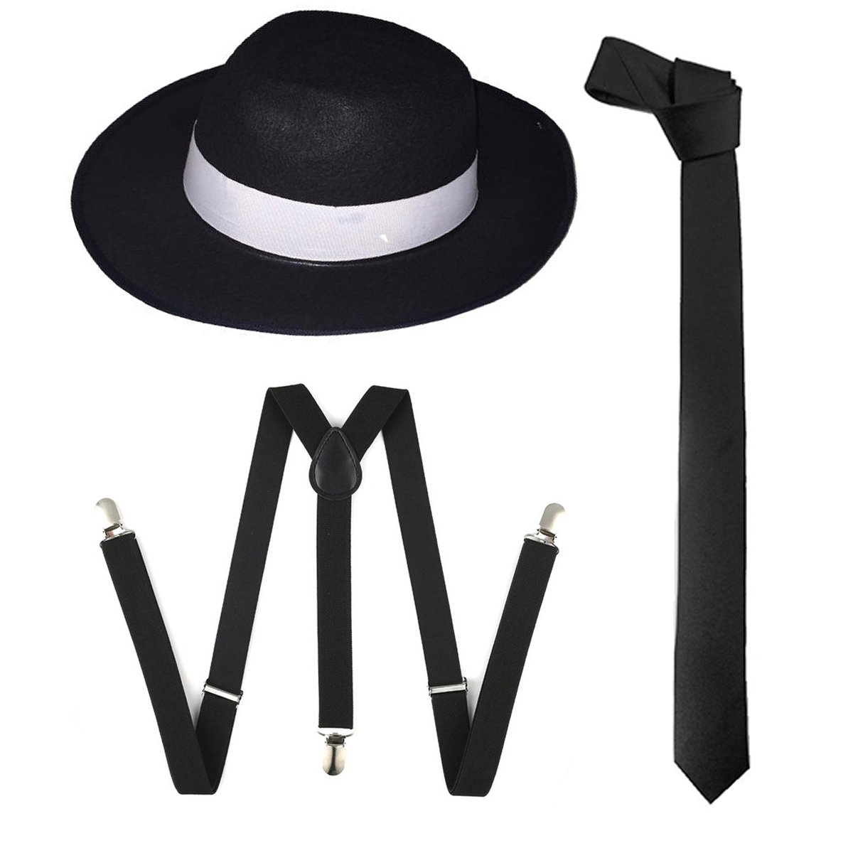 Wickedfun Men's 3 Pieces Full Set Wickedfun® Adult Gangster Black Hat Tie Braces Set Felt Trilby Al Capone 1920S Fancy Dress Party Accessories (3 Pieces Full Set)