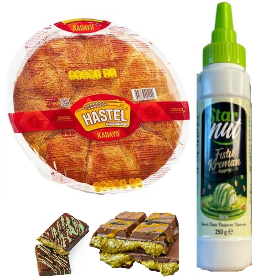 HASTEL Kadayıf tostado para chocolate Dubai, tostado kadaifi listo para usar Kadaifi, hilo de masa de pelo de ángel Kataifi 400 gramos con crema de pistacho 250 gramos tubo de Pufai