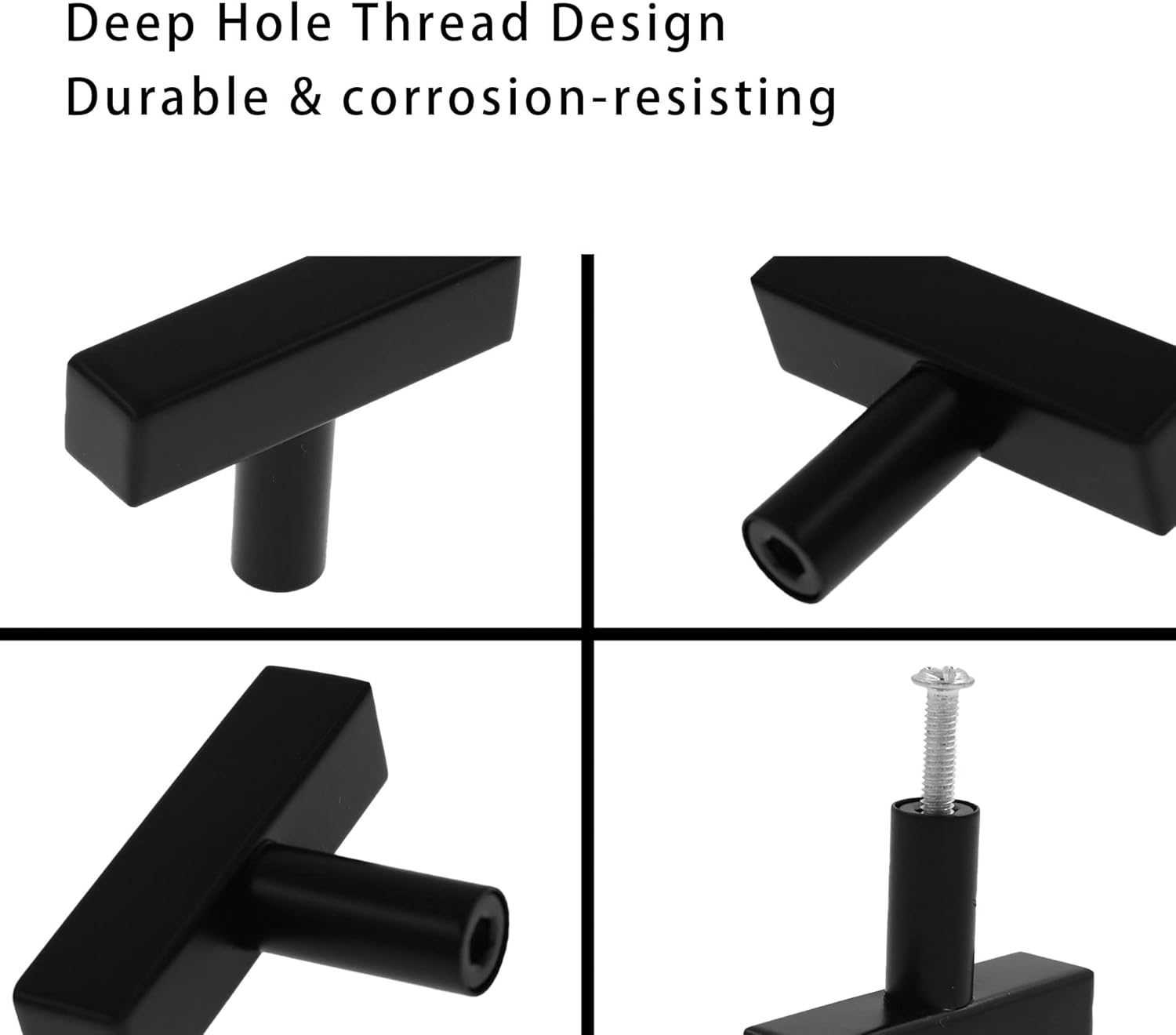 6 Pack Square T Bar Single Hole Knobs, Kitchen Cabinet Knobs, Cabinet Pull Drawer Handles Stainless Steel Modern Hardware for Kitchen Bedroom and Bathroom Bookshelf Cupboard Black