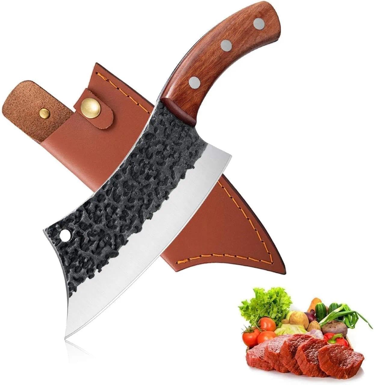 Freelander Hand Forged Knives, Meat Cleaver for Meat Cutting, High Carbon Viking Knife with Sheath, Full Tang Chef Kitchen Butcher Knife for Home,Outdoor, Camping, BBQ,Christmas Gifts for Men Women