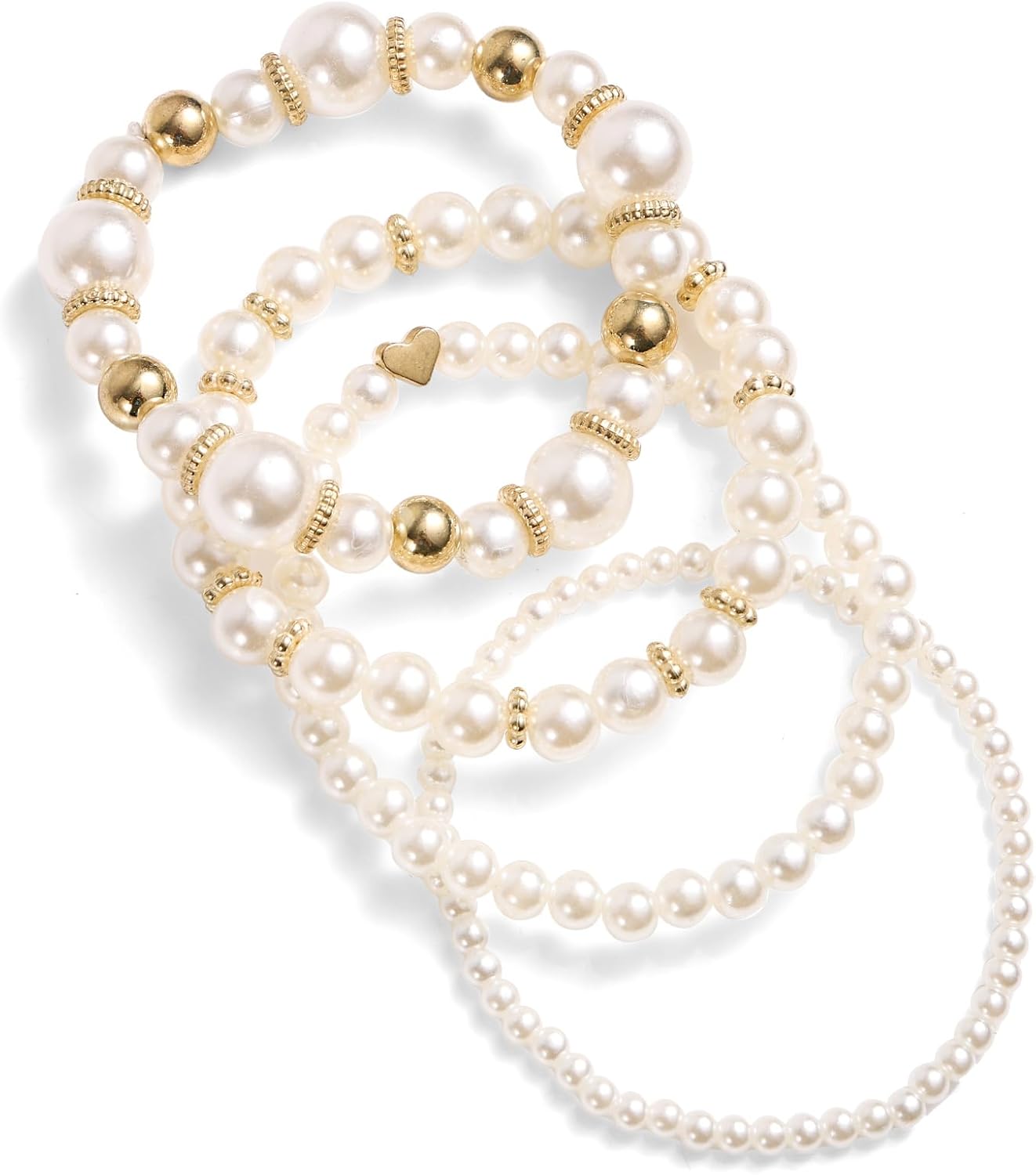 4pcs Pearl Bracelets for Women, Multilayered White Simulated Pearl Beaded Bracelet Set Stackable Stretchy Dainty Bridal Jewelry with Heart Charms for Wedding Birthday Party