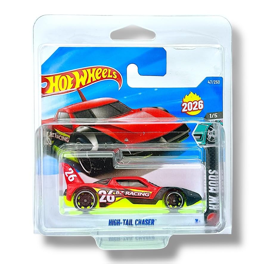 Hot Wheels High-Tail Chaser (Red, Neon Green & Black - NEW 2026 CASTING) 1/5 HW Mods - 2026-47/250 (Short Card) - includes a KLAS Car Keeper Protector Case - JJH35
