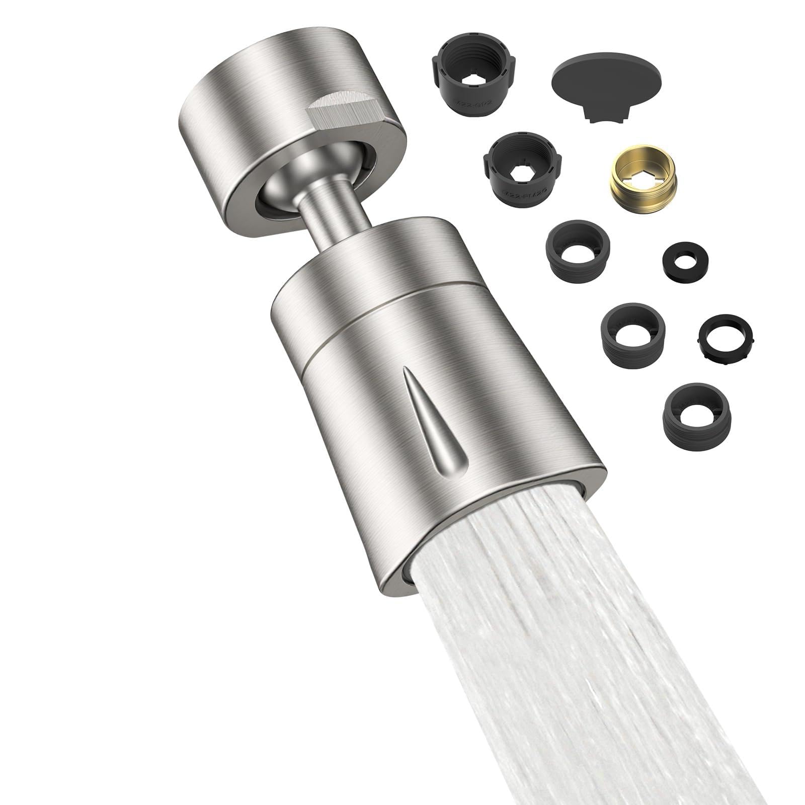 Hibbent 4 Spray Modes Kitchen Tap Sprayer Head, 360° Rotation and 70° Adjustable Tap Aerator, Solid Brass Rotating Ball and ABS Shell, 22 Female Thread with 6 Adapter, Brushed Nickel