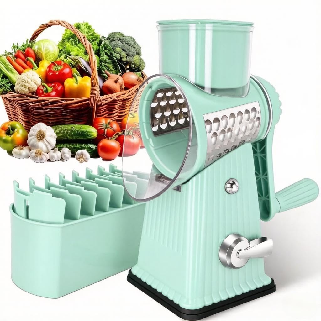 Rotary Cheese Grater with 5 Well-designed Blades &amp; Strong Suction Base, Kitchen Mandoline Vegetable Slicer with Blade Storage Box (Aqua)