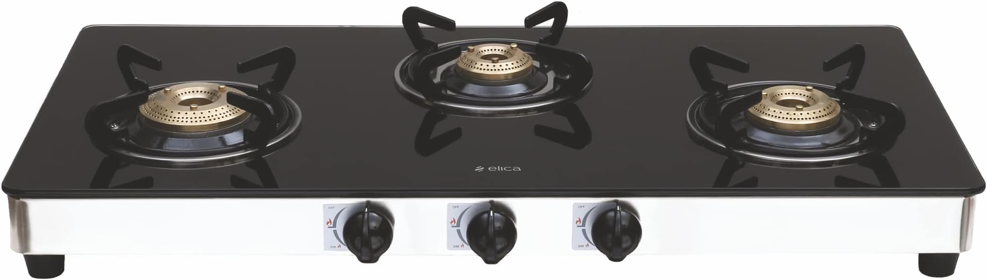 Elica 3 Burner Auto Ignition Gas Stove | 773 CT VETRO AI S | Brass Burners | Toughened Glass Top | Stainless Steel Body | Euro Coated Pan Support | 7-Year Glass Warranty | Black & Silver