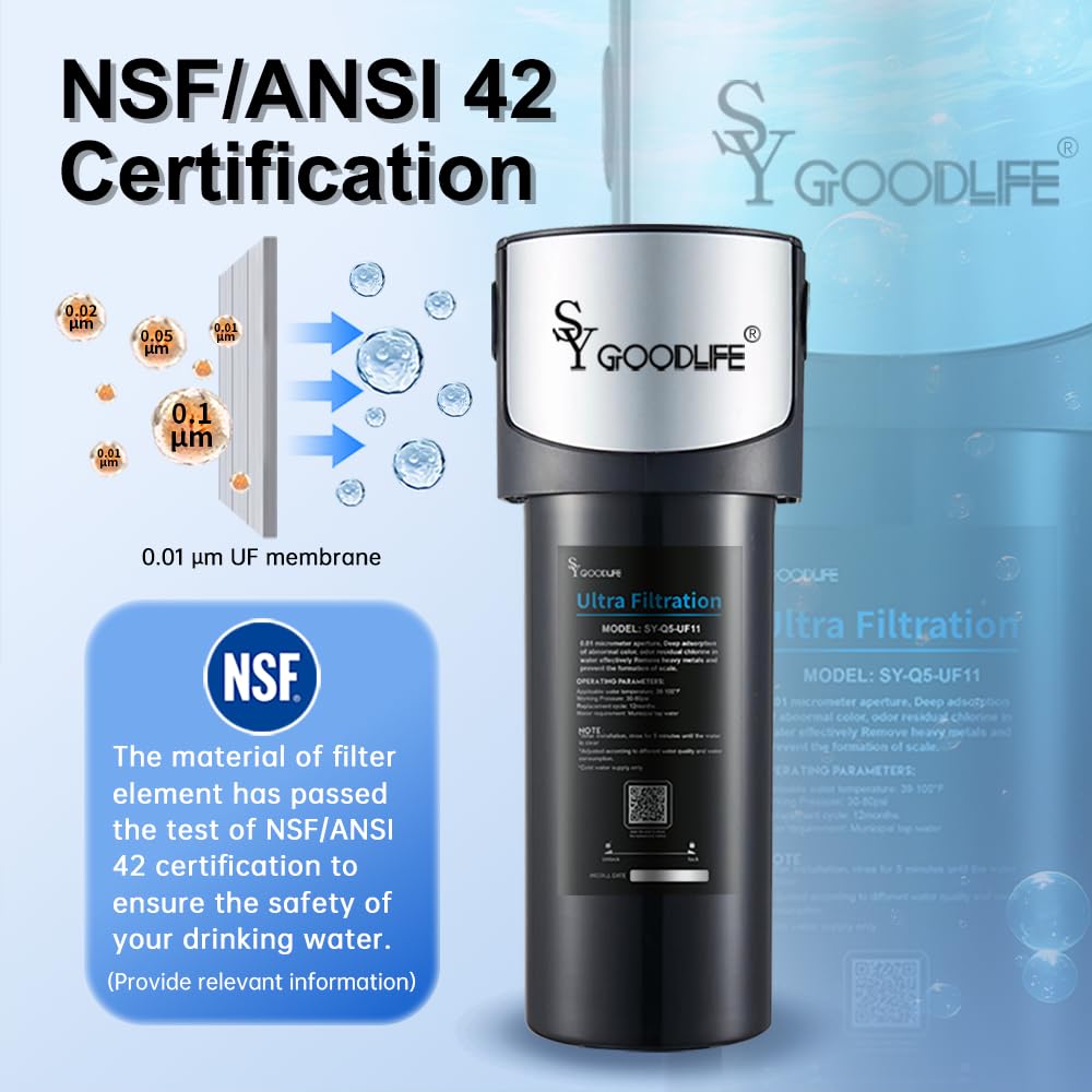 Q5-UF11-NSF/ANSI 42 & 53 Système de filtration d'eau sous évier certifié 0,01 micron, connexion directe au robinet de cuisine, réduction de la baçt, réduit les métaux lourds, le chlore, le