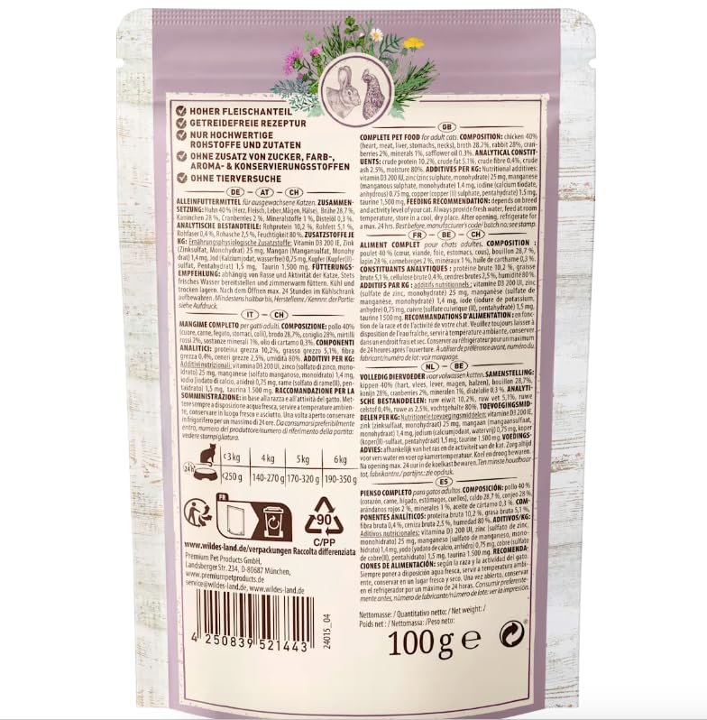 Wildes Land Nassfutter für Katzen, Kaninchen und Huhn mit Blaubeeren, 12 x 100 g