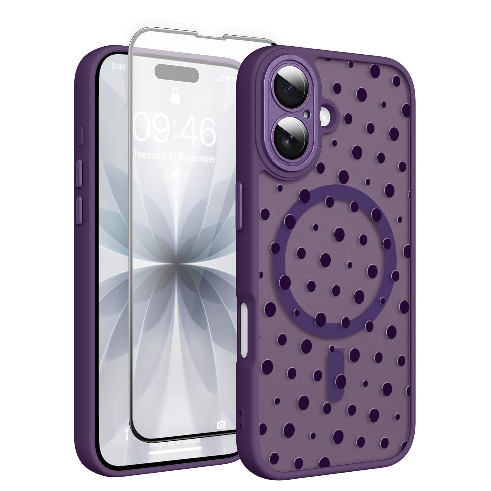 Magnetic for iPhone 17 Case with Screen Protector [Compatible with MagSafe] Pretty Polka Dot Pattern Design, Shockproof Slim Cover for Women Girls, Dark Purple