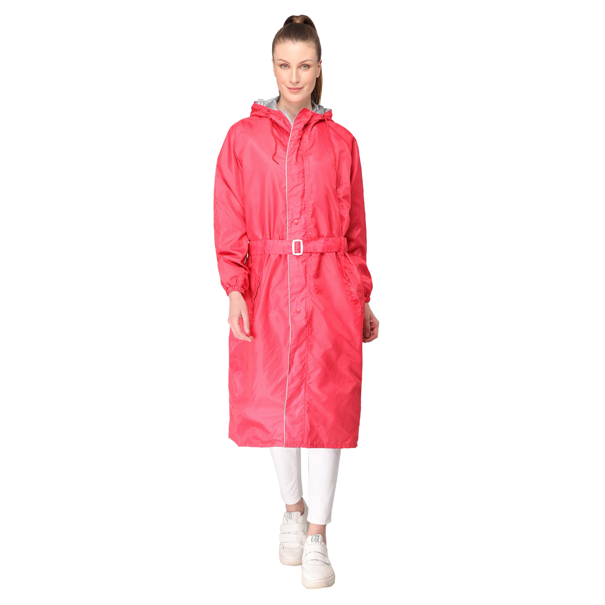Women Poly Silk Waterproof Self Design Knee Length Longcoat/Raincoat With Adjustable Hood
