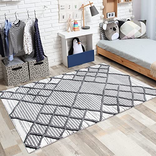 carpet city Alfombra para habitación juvenil, 140 x 200 cm, gris, crema, aspecto de rombos, moderna alfombra adolescente de pelo corto, alfombra de salón dormitorio Cover