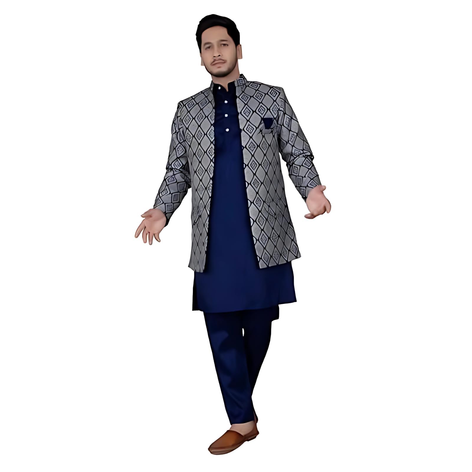 amzira Men's Jacquard Casual Regular Printed Full Sleeve Knee Length Kurta Pyjama with Long Koti Jacket | Kurta with Pyjama for Men-picture-19