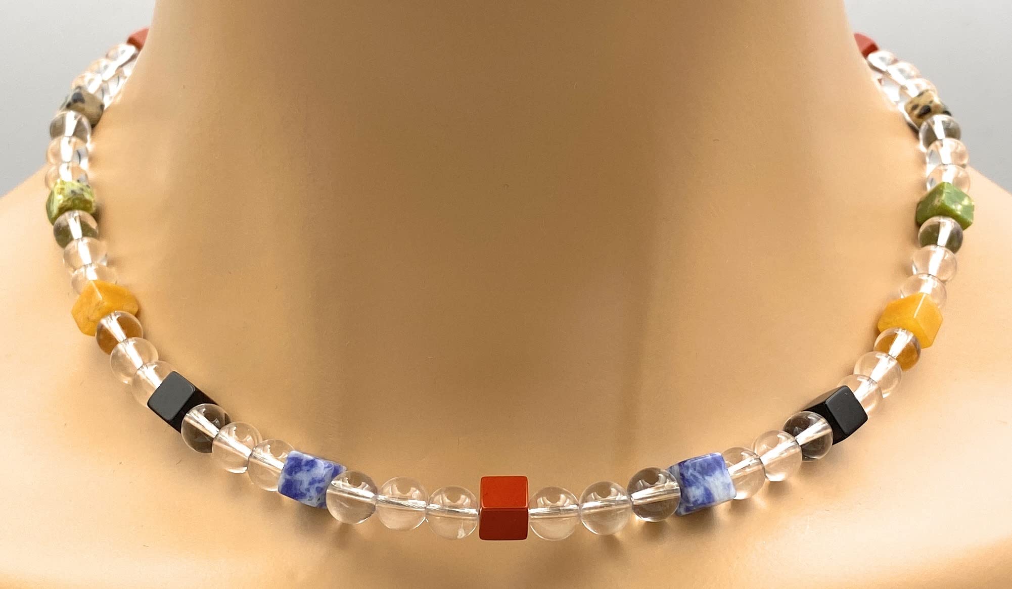 Bergkristall Halskette mit bunten Edelstein Würfeln Verschluss 925er Sterling-Silber