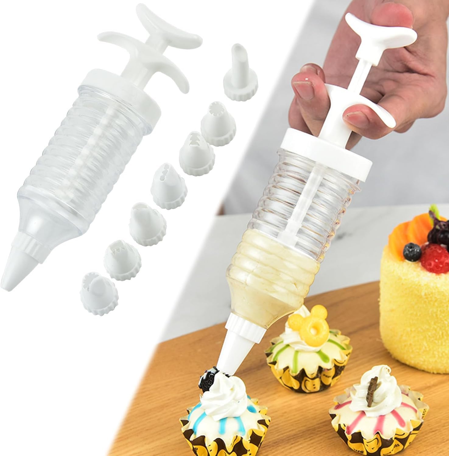 1Pc White Pipe Nozzles with Syringe?8pcs Plastic Cream Baking Piping Nozzle Dispenser Icing Pastry Tips Tube Decoration Tool, for Cupcake and Cake, Kitchen Utensils and Gadgets