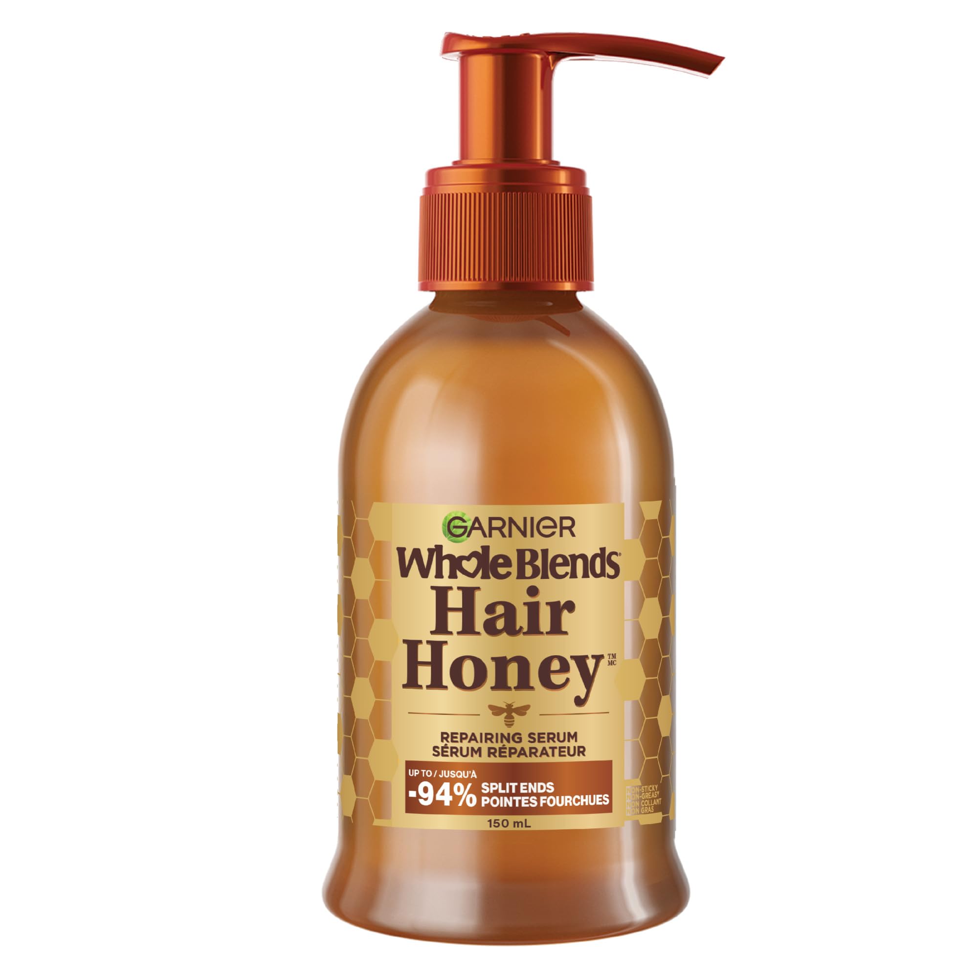 Garnier Whole Blends Hair Honey Repairing Serum for Dry Damaged Hair, Non-sticky & non-greasy, Smoother hair & split ends reduction, 150ml