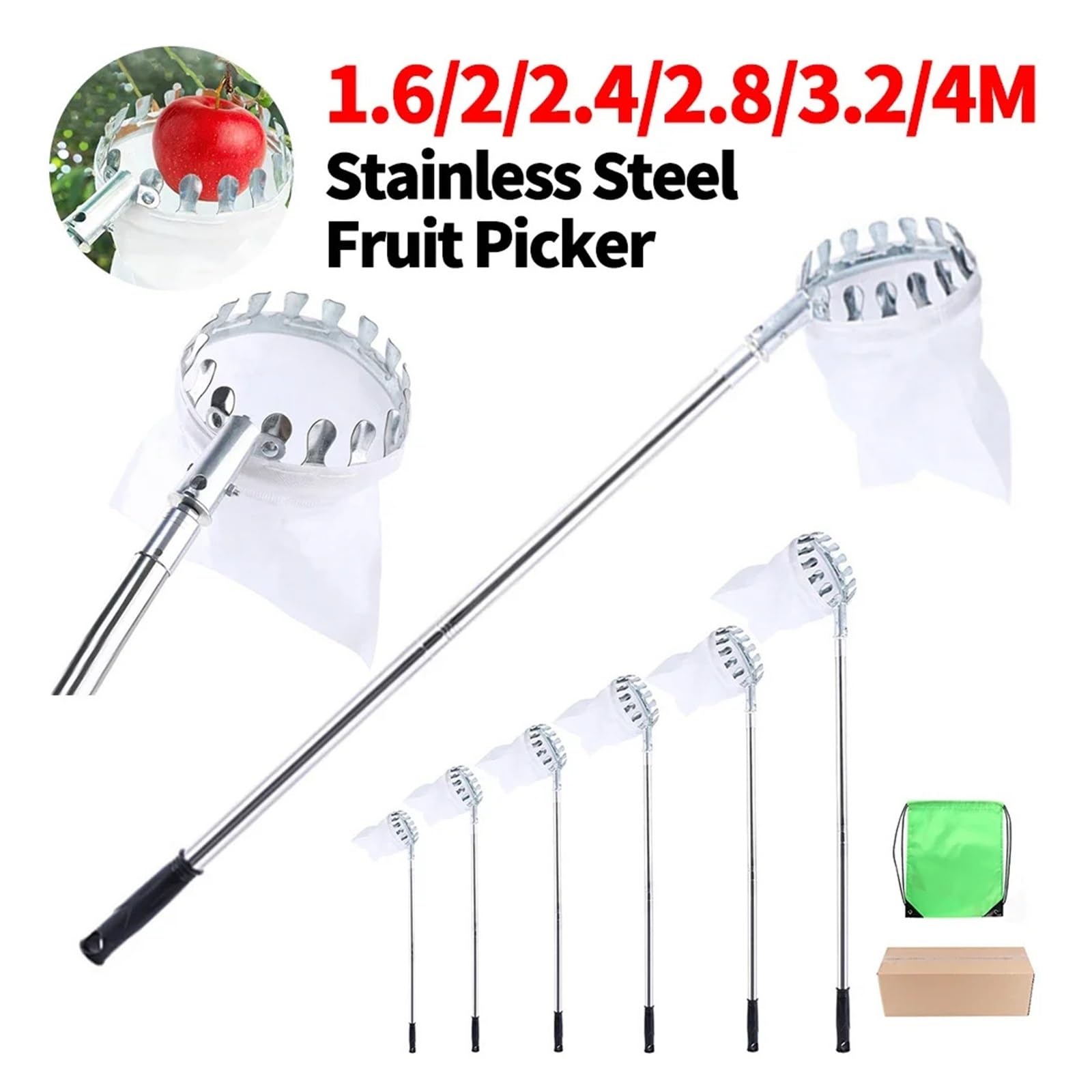 Raccoglitore di Frutta Giardino del frutteto con raccoglitrice di Frutta in Acciaio Inossidabile da 1,6-4 m | Strumento for la raccolta degli alberi alti, raccolta di raccoglitori di frutta(4M)