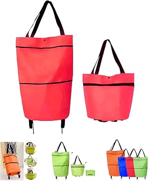 2023 New 2 in 1 Foldable Shopping Cart, Portable Collapsible Shopping Bag with Wheels, Lightweight Waterproof Rolling Shopping Bag, Trolley Tote Bag Stair Climbing Cart for Traveling Shopping. Red