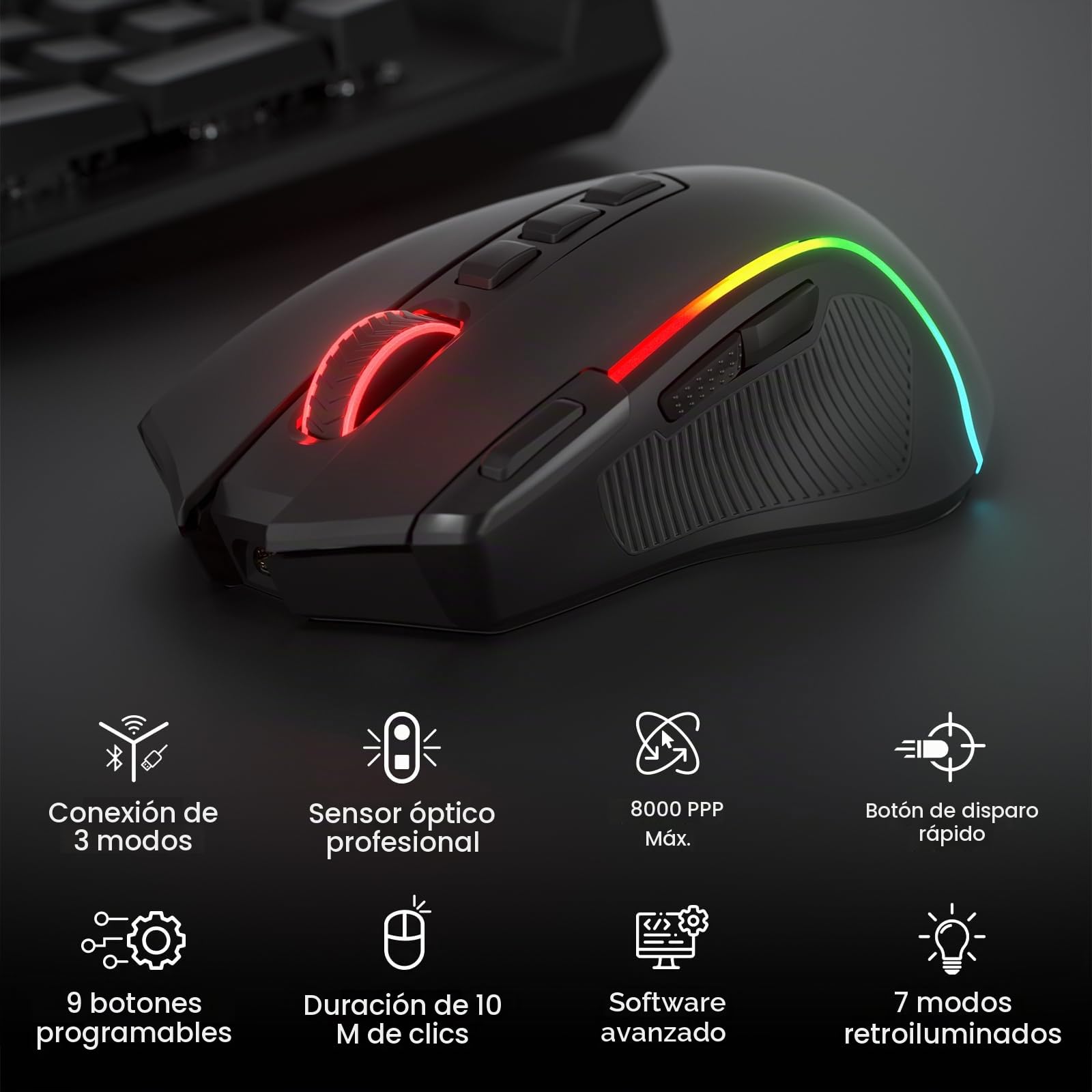 Redragon M612 Pro RGB Gaming Ratón 8000 dpi con Cable/inalámbrico Gamer Mouse con 9 Botones programables y 6 Modos de retroiluminación BT & 2.4G Soporte de Software inalámbrico