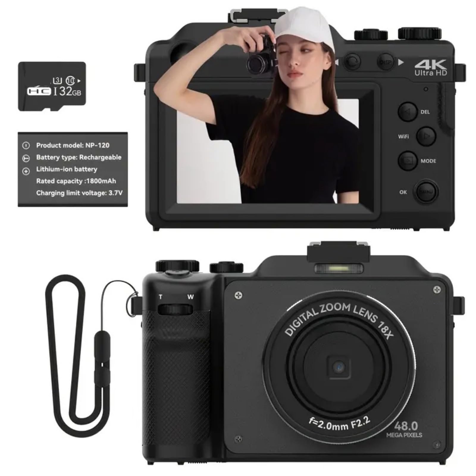 Cámaras Digitales 4K for fotografía, cámara Campact antivibración con Zoom Digital 18X, de vídeo Vlogging Enfoque automático WiFi 48MP Ligero(NO TF Card)