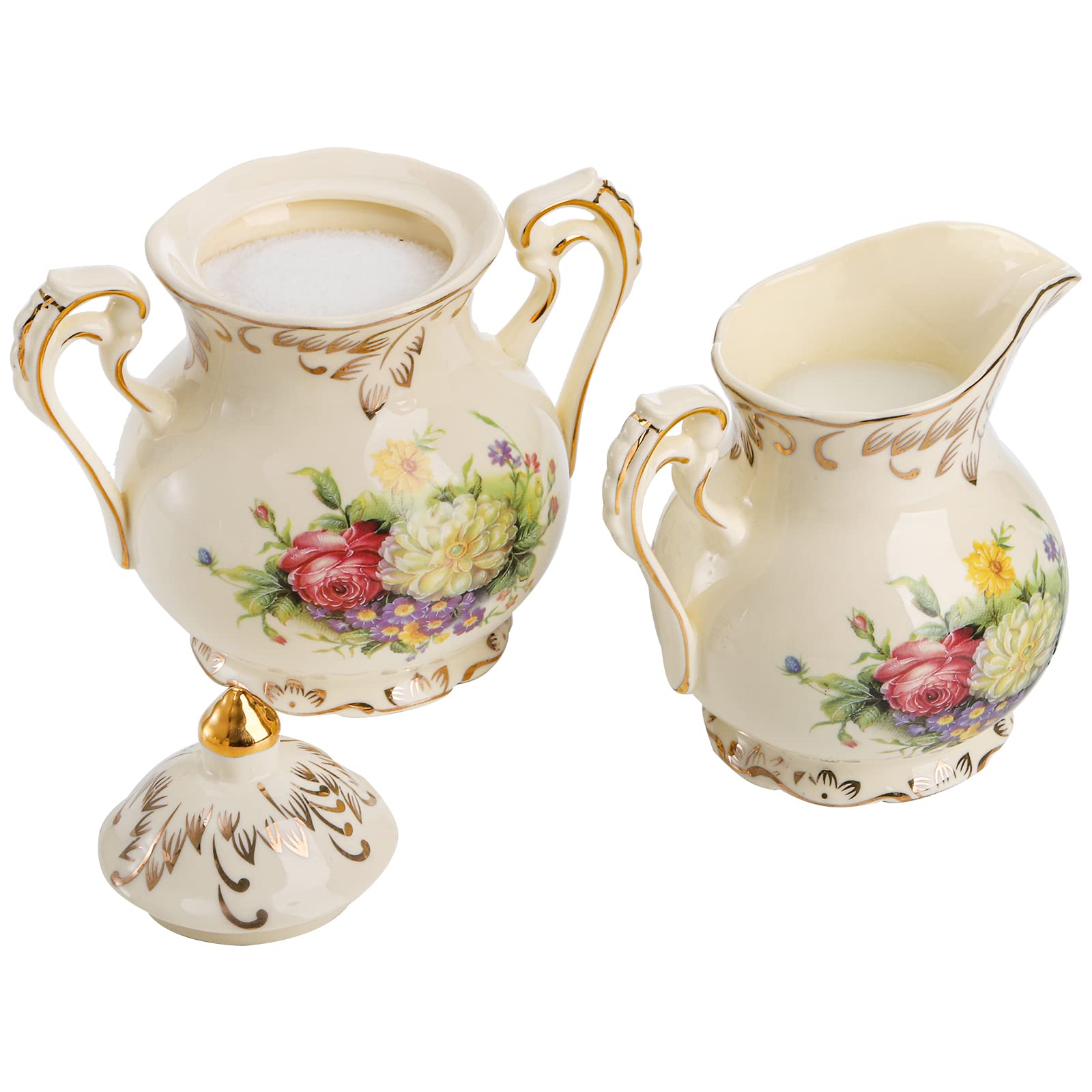 Foraineam Juego de azúcar y crema, porcelana marfil para servir café, diseño de arbustos florecientes con hojas doradas y borde de crema jarra y azucarero con tapa