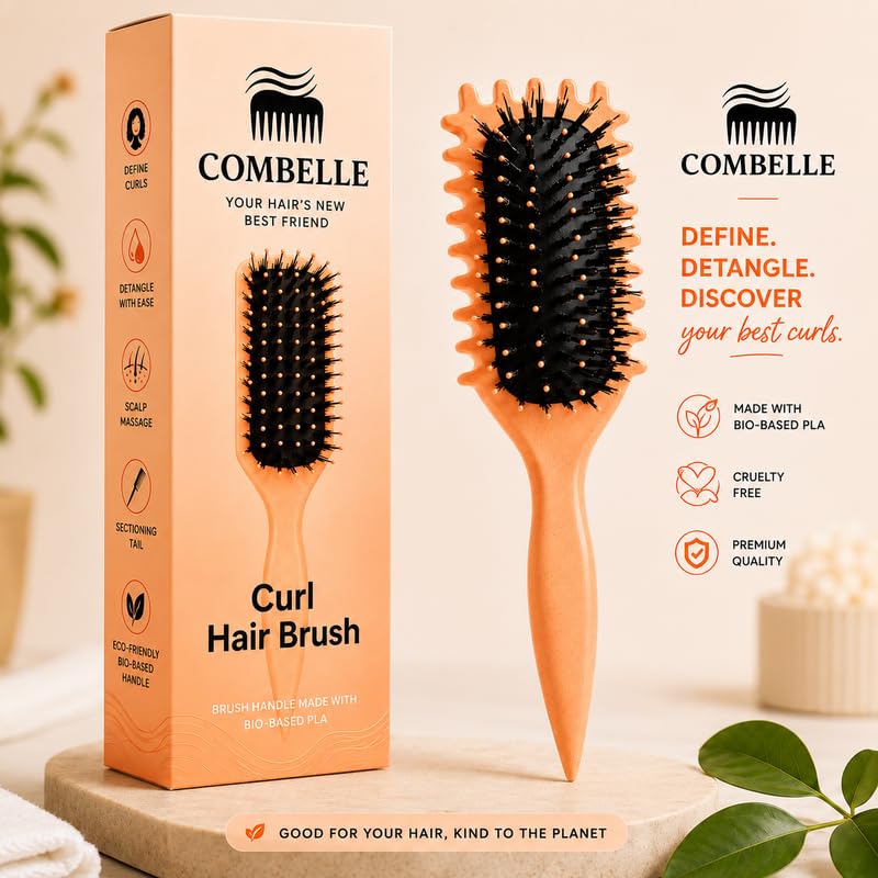 Image of Combelle 5-in-1 Curl Hair Brush | Vegan Boar Bristles | Bio-Based PLA Handle | Detangling, Defining & Frizz Control for Curly & Wavy Hair | For Men & Women - Peach Orange (Pack of 3)