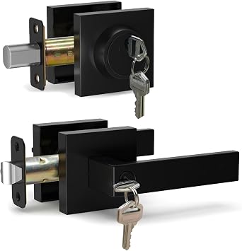 Front Door Lock Set Exterior Door Lock Set, Black Exterior Door Handle with Deadbolt - Keyed Alike Entry Door Locksets with Deadbolt, Heavy Duty Entry Door Handle for Right&Left Side, 1 Pack