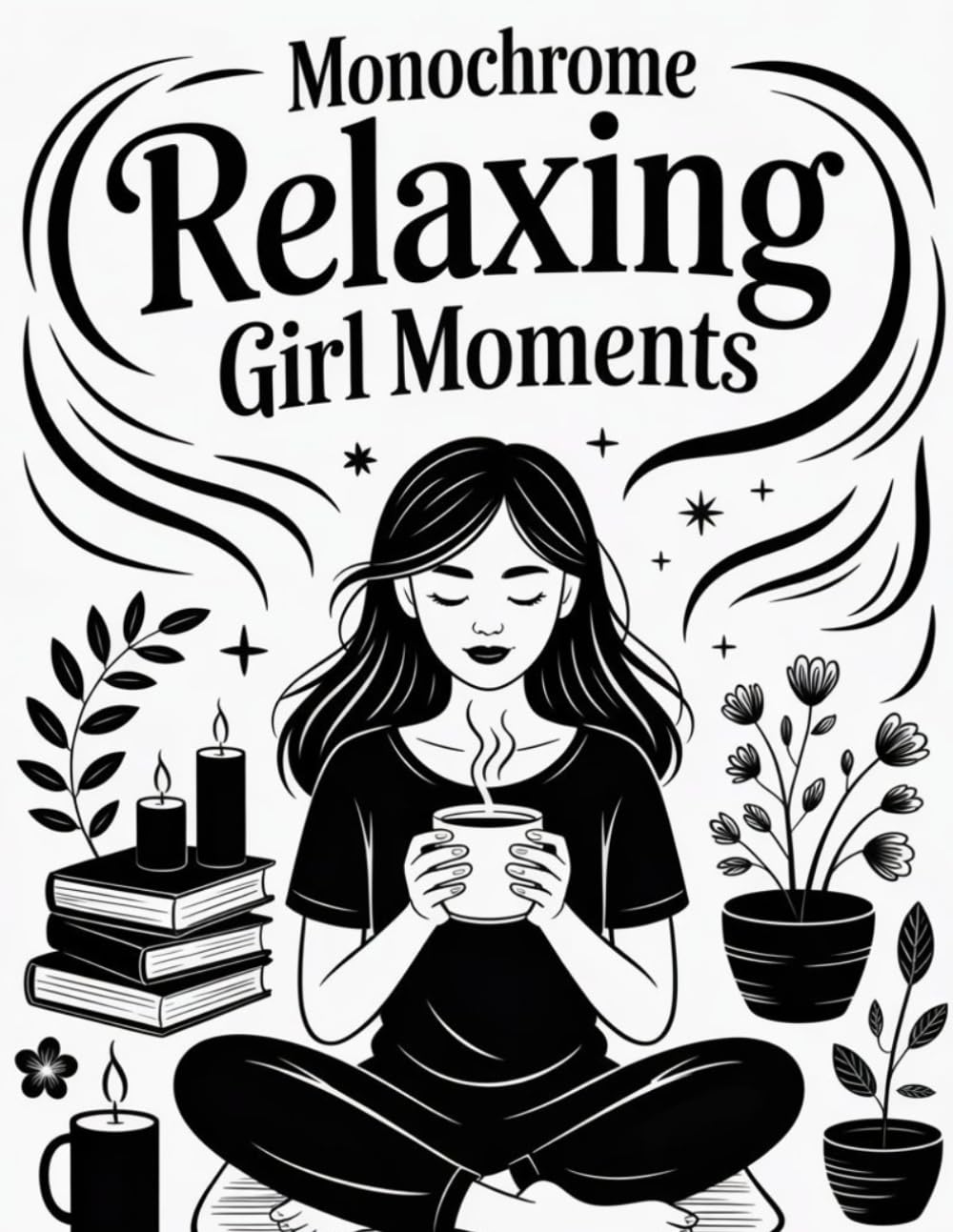 Monochrome Relaxing Girl Moments,: For Adults and Seniors: Escape Stress and Enjoy Peaceful Moments with Simple One-Color Black & White Pattern