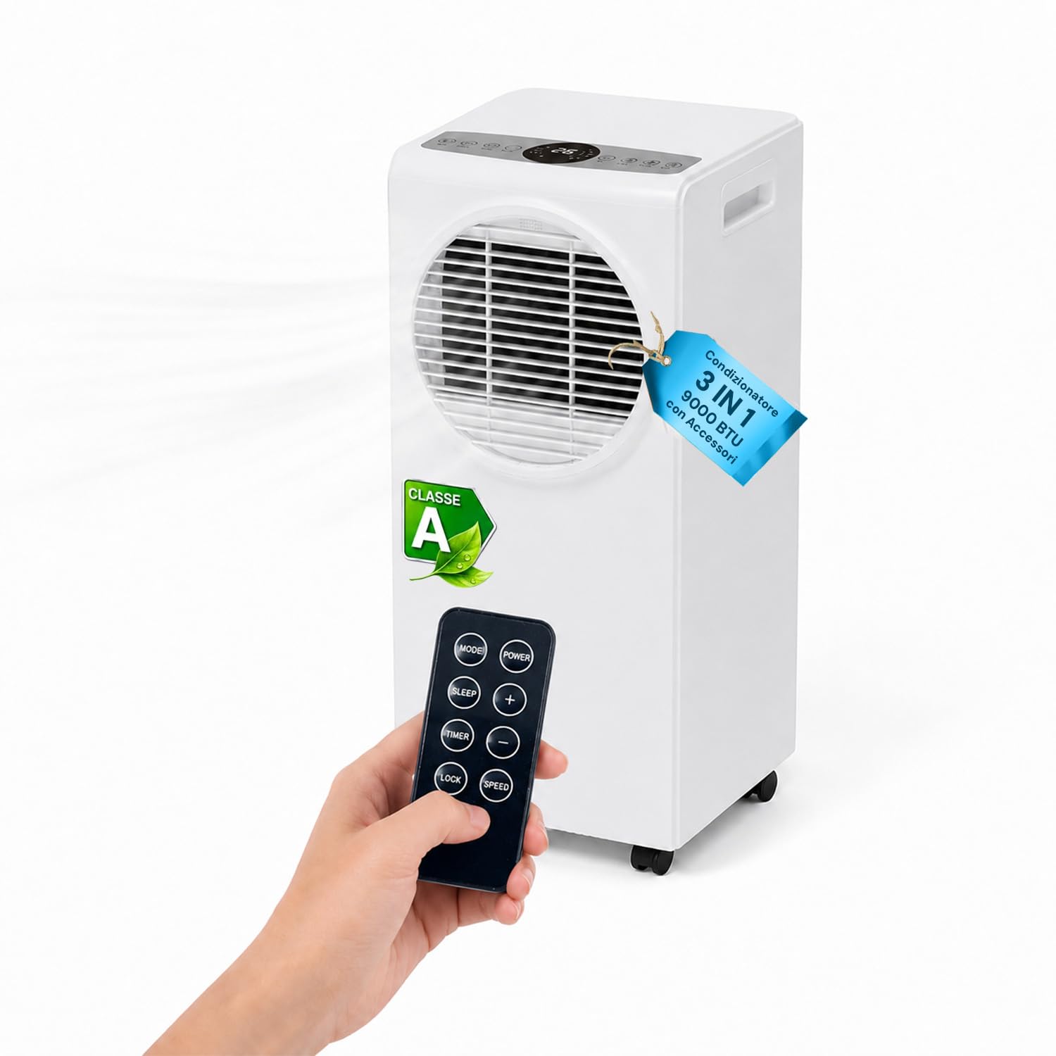 Wintem - Climatizzatore Condizionatore Deumificatore Portatile 9000 BTU 3 in 1 in ABS Ventilatore con Telecomando (Classe A R290), 990W + Timer