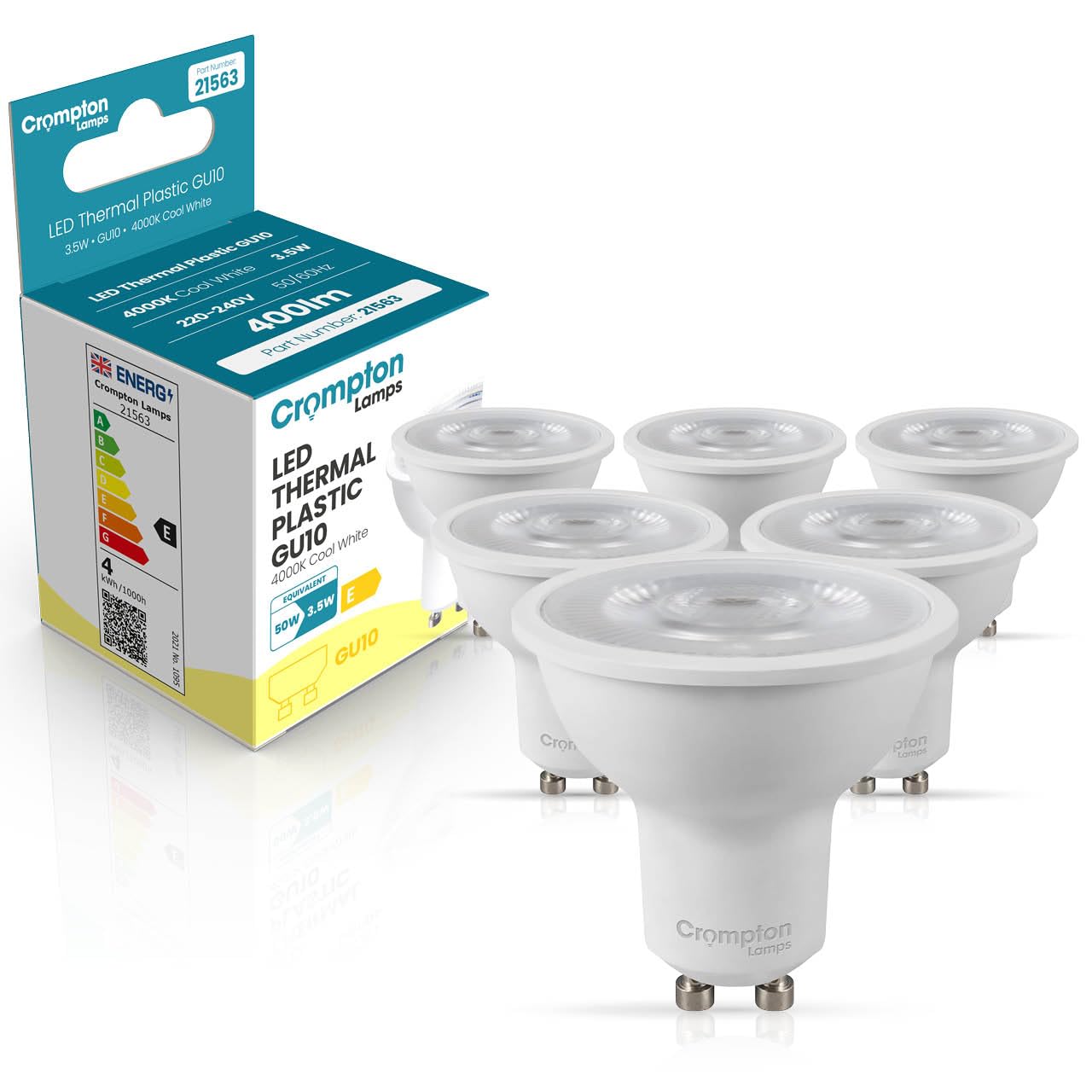 Crompton Lamps LED GU10 Spotlight Bulbs 3.5W | 6 Pack | Dimmable | Cool White 4000K | Energy Saving Light Bulbs for Ceiling Lights | 345 Lumens | Direct Replacement | GU10 LED Bulbs