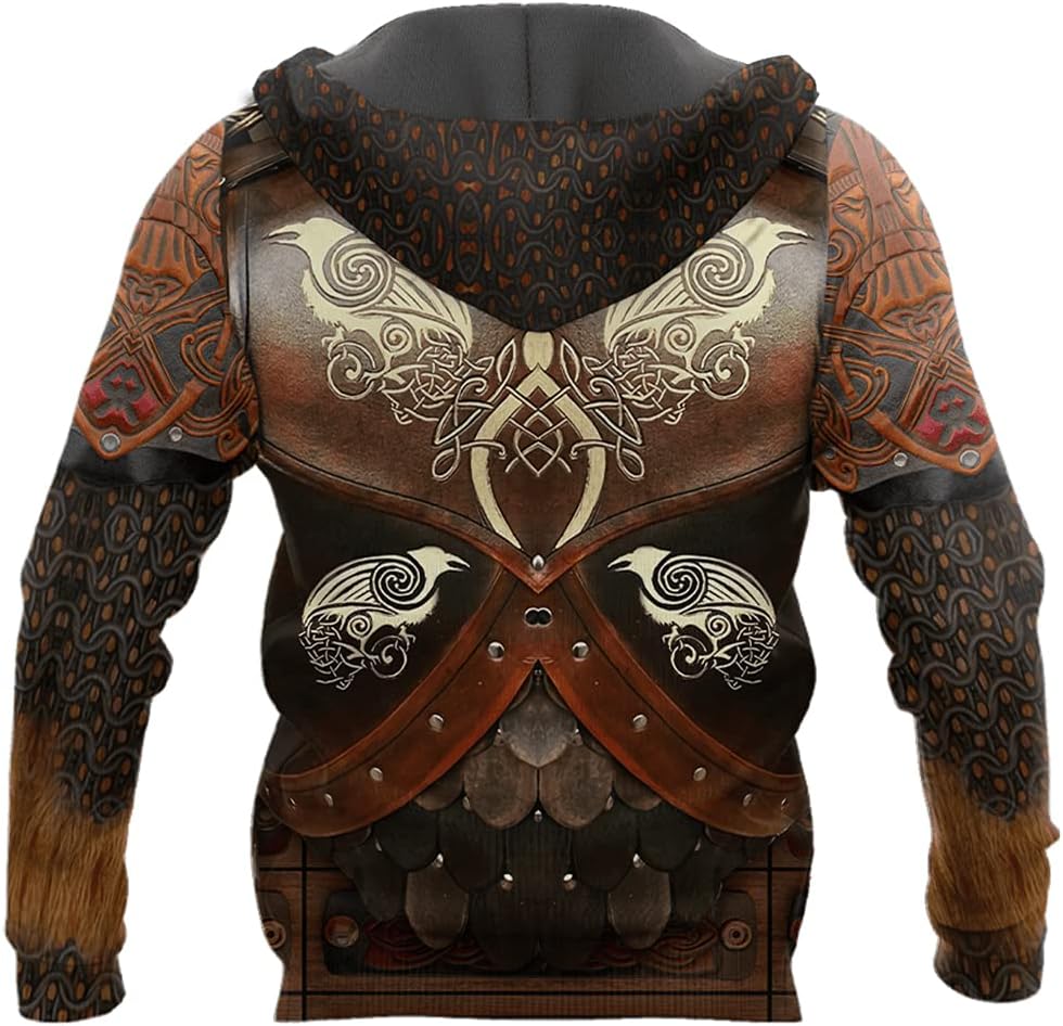 Mens 3D Print Tattoo Viking Raven Armor Hoodie, Norse Odin Crow Streetwear Long Sleeve Casual Sweatshirt