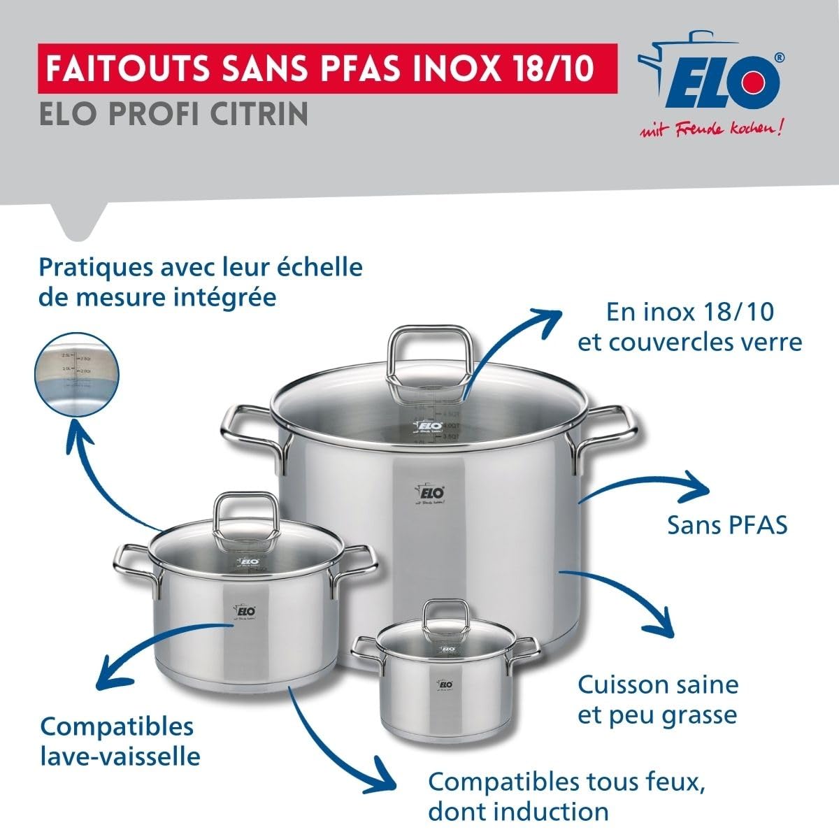 ELO 9506550 Kochgeschirr-Set, 5-teilig, 2 Bratpfannen 24 und 32 cm, 3 Kochtöpfe 12, 16 und 26 cm Elo Profi, Citrin, Edelstahl, Induktion