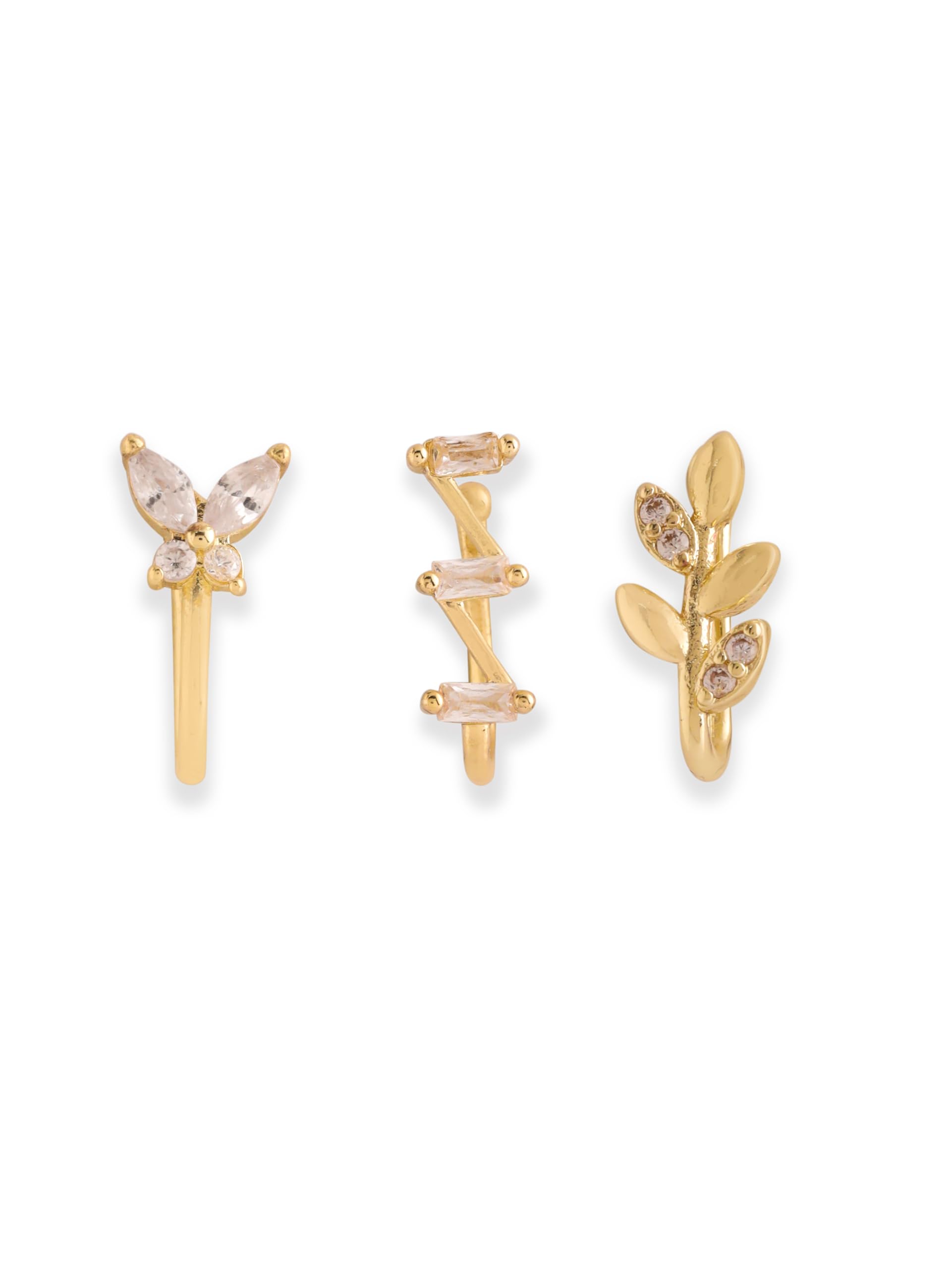 Studio Fix Clip On Nose Rings Set of 3 for Women Non Piercing Nose Pin | Leaf Flower and Geometric Design | Nose Ring Hoop CZ Crystal Stud | Painless Traditional Nathni Body Jewelry Accessory-image-10