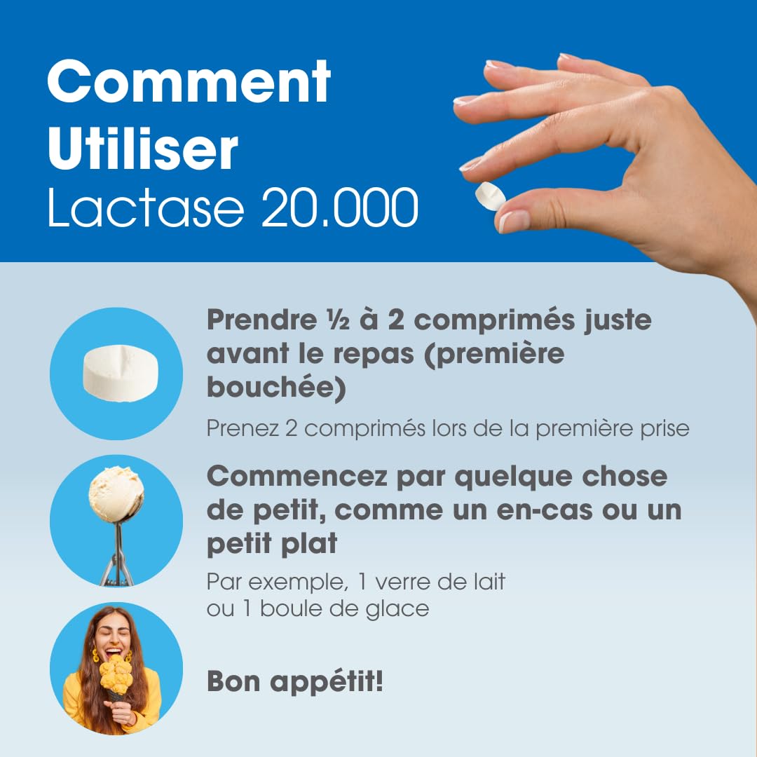 Lactase 20 000 enzymes digestives - 50 comprimés sécables avec | Complément alimentaire pour l'intolérance au lactose | Enzyme lactase qui aide à digérer les produits laitiers | Dosage le plus élevé