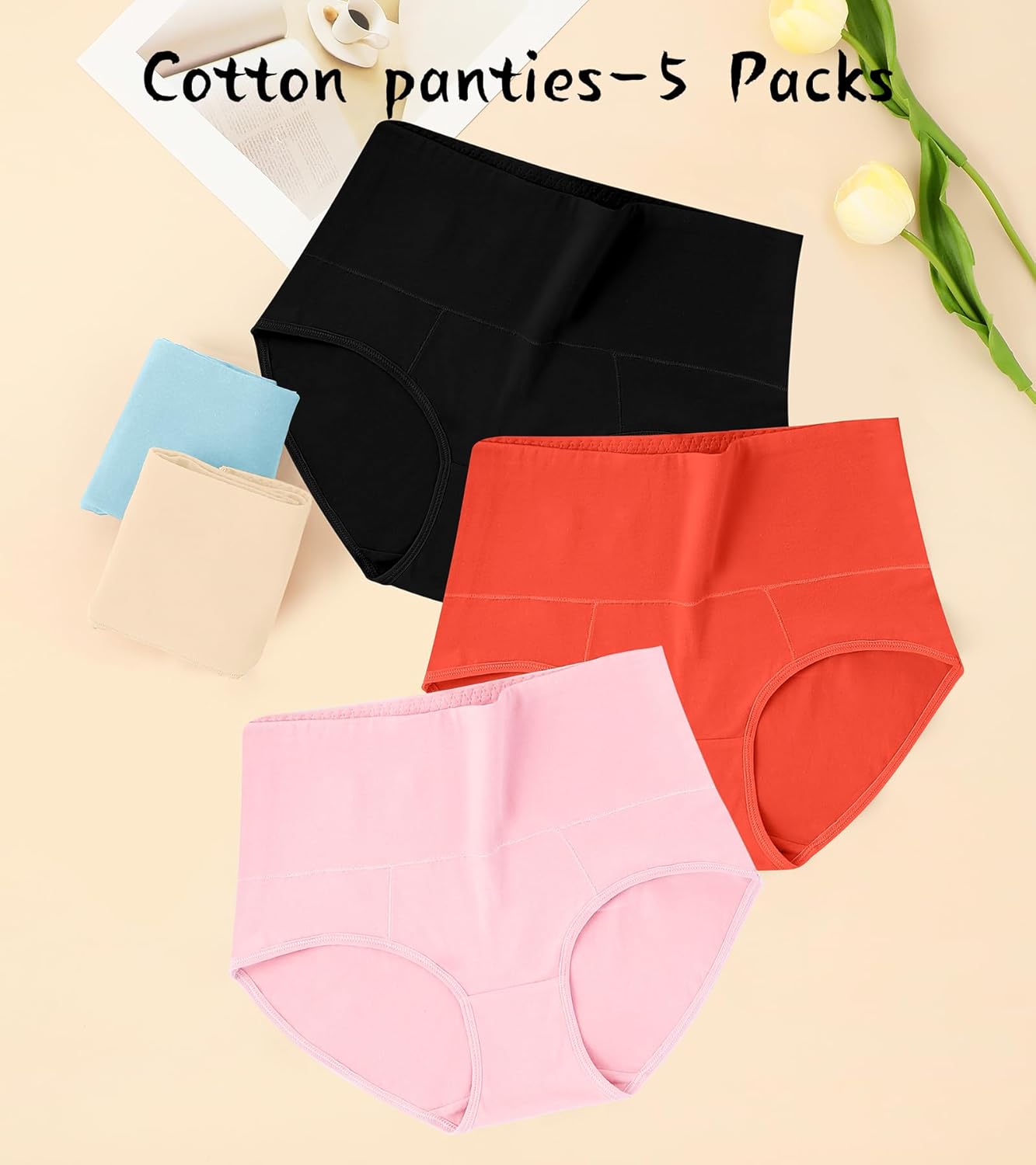 ASIMOON High Waisted Cotton Underwear for Women Plus Size Slight Tummy Control Full Coverage Panties Briefs Ladies Pack - Image 3