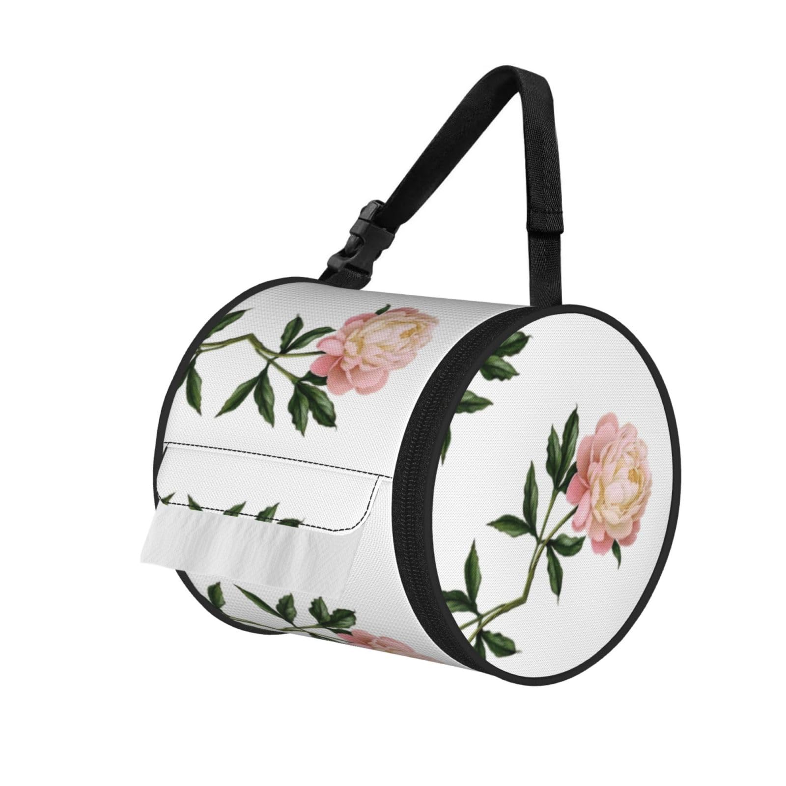 Peony Printed Hanging Tissue Organizer, Smooth Zipper Oxford Cloth Roll Holder for RV Bathroom Desk