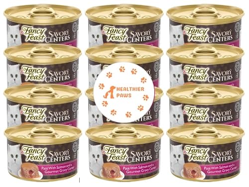 Fancy Feast Pate Wet Cat Food, Savory Centers Pate With Salmon And A Gourmet Gravy Center 3 Oz. 12 Cans With Healthier Paws Sticker Plus Colorful Plush Ball Cat Toy #TOP9